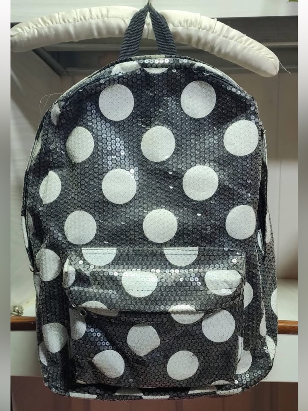 Disney Black Sequin Backpack with White Polka Dots